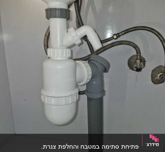 צנרת פלסטיק מתחת לכיור עם חיבורים וברזים